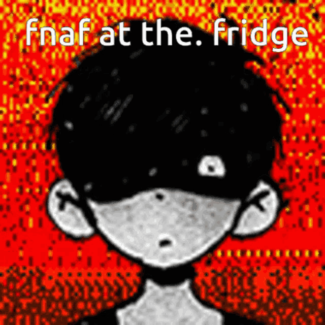a black and white drawing of a boy with the words fnaf at the fridge above him .