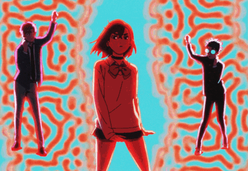 a girl in a red sweater is standing between two men in suits