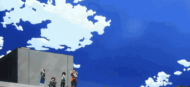 a group of anime characters standing on top of a building under a blue sky