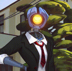 a robot in a suit and tie is standing in front of a house