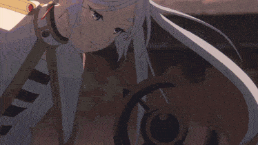 a girl with long white hair and blue eyes looks at something