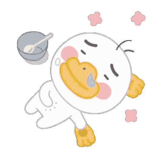 a cartoon duck is laying down with a bowl of food and a spoon .