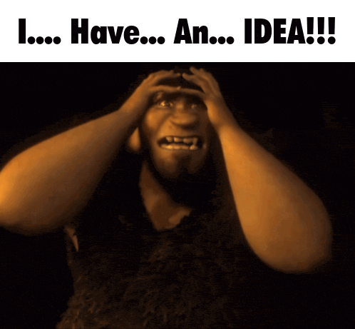 a man with a beard is holding his head with the words " i have an idea " behind him
