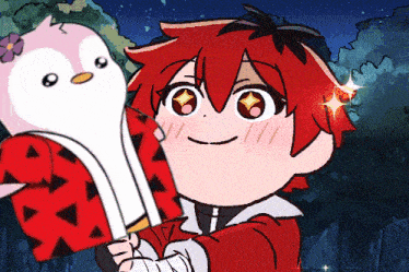 a cartoon character with red hair is holding a stuffed animal