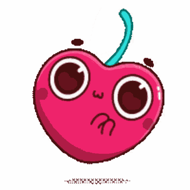 a cartoon illustration of a heart shaped cherry with big eyes and a blue stem
