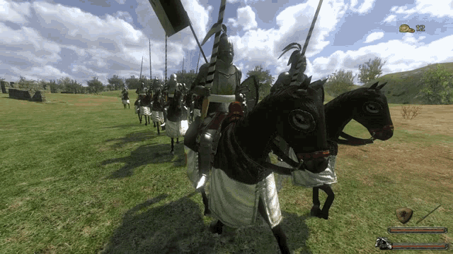 a screenshot of a video game shows a group of soldiers on horseback