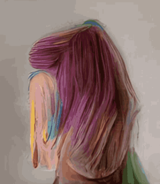 a painting of a woman with purple hair against a white background
