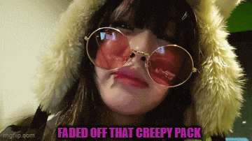 a girl wearing sunglasses and a furry hood has faded off that creepy pack written below her