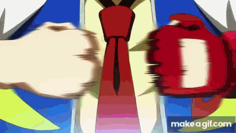 a man in a suit and tie is punching another man in the face .