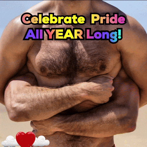 a shirtless man with his arms crossed and the words " celebrate pride all year long " above him