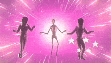three people are dancing in front of a pink background with hearts and stars .