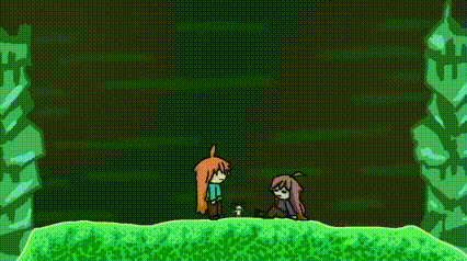 a couple of cartoon characters standing next to each other on top of a hill .
