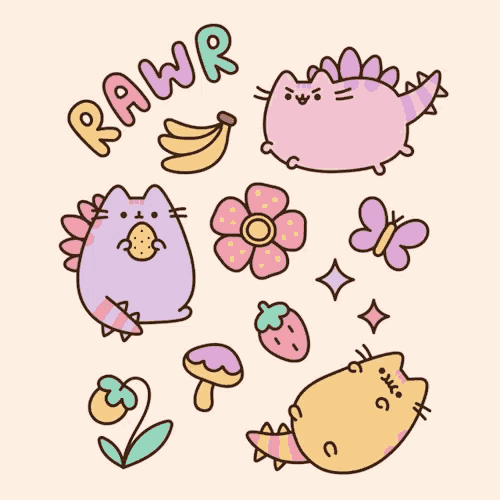 a drawing of a cat eating a cookie with the word rawr written below it