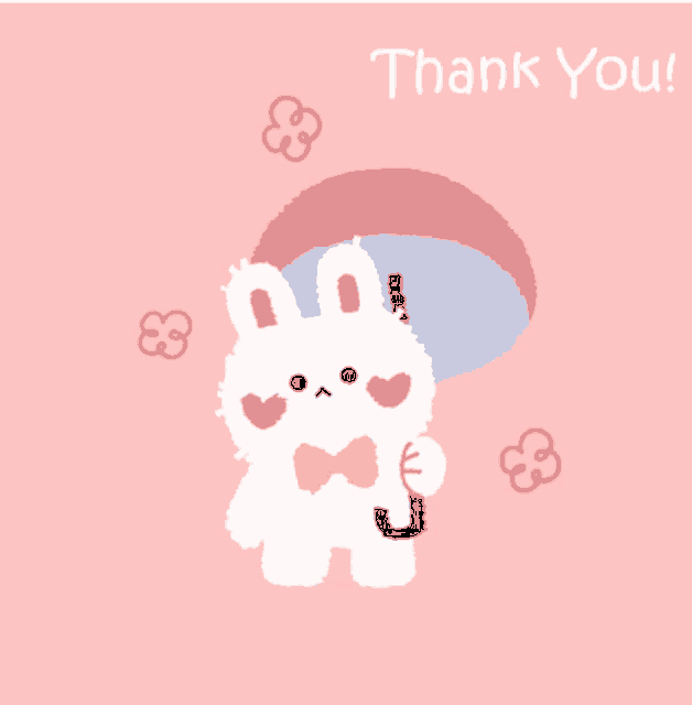 a thank you card with a bunny holding an umbrella on a pink background