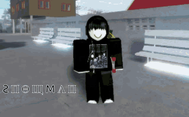 a roblox character is standing in front of a row of white benches and a building
