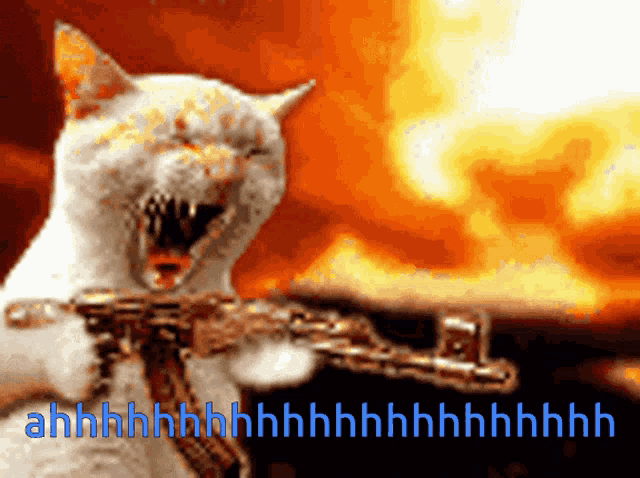 a cat is holding a gun in front of a fire with the words ahhhh written below it