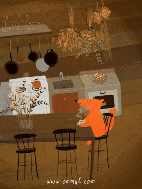 an illustration of a fox sitting at a table with the website www.oamyl.com written on the bottom