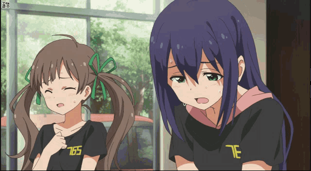 two anime girls wearing black shirts with the numbers 165 and te on them