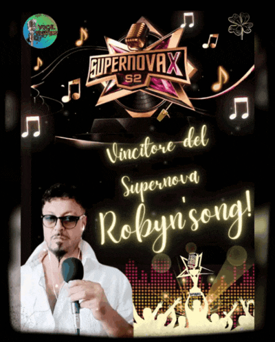 a poster for supernova x s2 with a man singing into a microphone