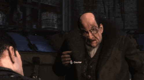 a man in a video game is talking to another man and the word counter is visible