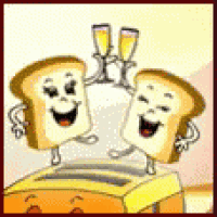 two slices of toast are toasting with champagne glasses while standing on top of a toaster .