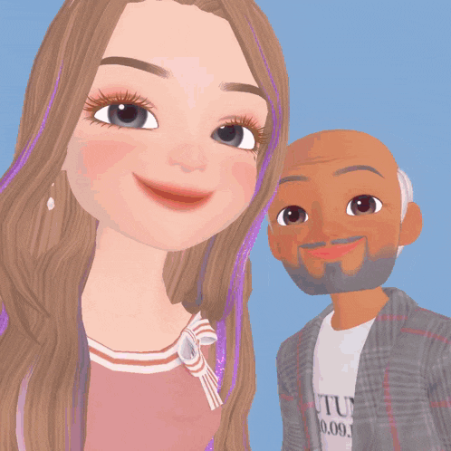 a girl with purple hair is smiling next to a man with a tu t-shirt