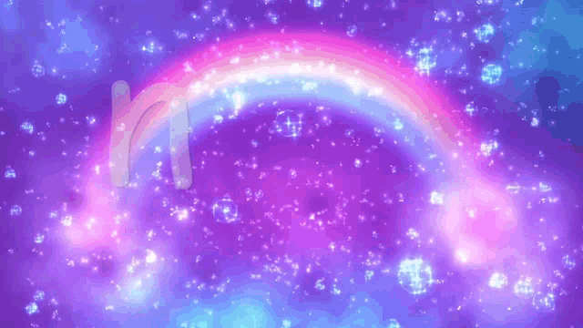 a purple and blue background with a rainbow and bubbles