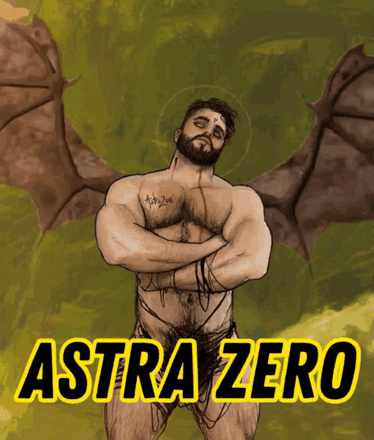 a drawing of a man with wings and the words astra zero below him