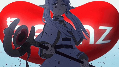 a drawing of a girl holding a sword in front of a red heart with the letter z written on it