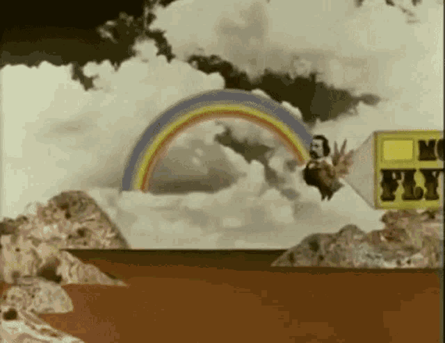 a cartoon scene with a rainbow and a no fly sign
