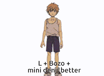 a cartoon of a boy in a tank top and shorts with the words l + bozo + mini denji better written below him