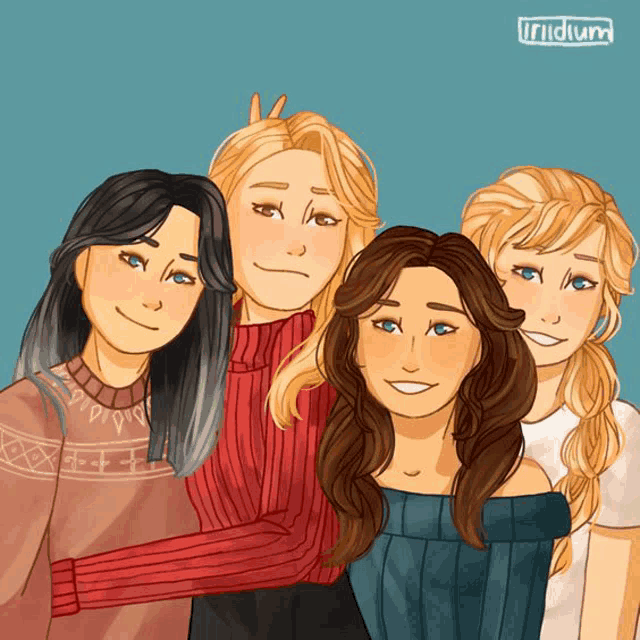 a drawing of four girls with the word iridium on the bottom left