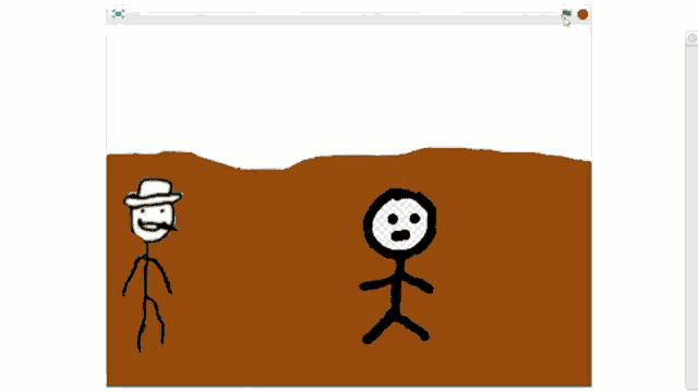 a stick figure with a hat and sunglasses is standing next to a stick figure with a sad face