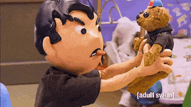 a cartoon character is holding a teddy bear and the words adult swim are on the bottom