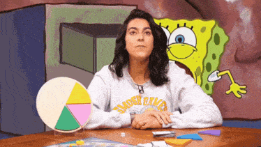 a woman sitting at a table with a spongebob behind her