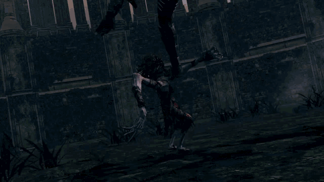 a video game character with a bloody sword is being attacked by another character