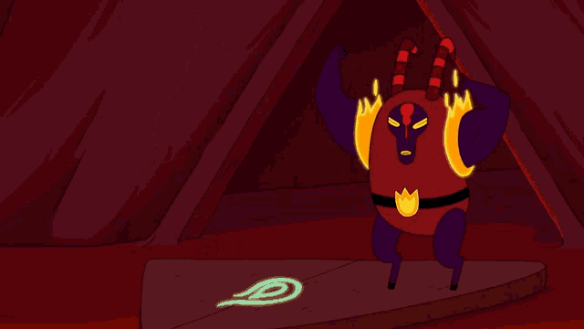 a cartoon drawing of a monster with horns and a flame coming out of it