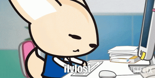 a cartoon of a rabbit sitting at a desk with the words ilvlost written below it