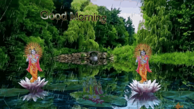 a good morning greeting card with two krishnas standing on lotus flowers