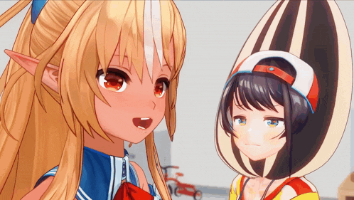 two anime girls are standing next to each other with one wearing a hat that looks like a nut