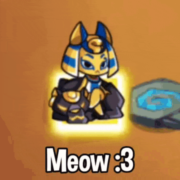 a cartoon cat in a pharaoh costume is sitting next to a stone with the words meow 3 on it .