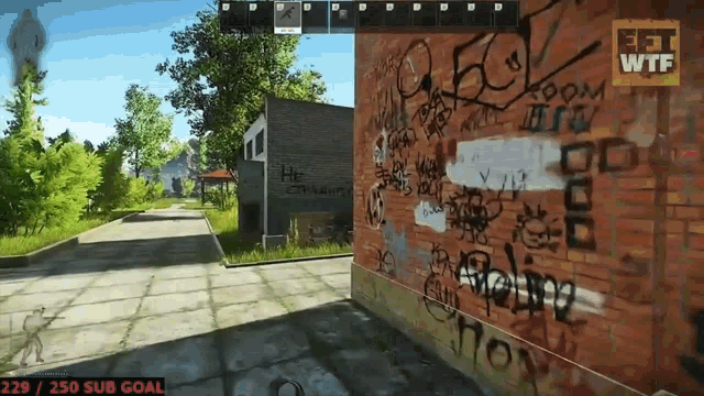 a video game screen shows a brick wall with graffiti on it and the number 229 on the bottom