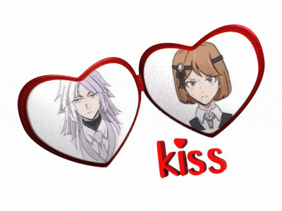 a drawing of a man and a woman in hearts with the word kiss below them