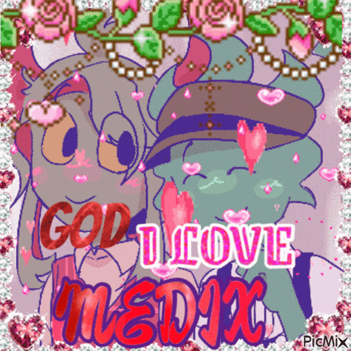 a picture of two anime characters with the words god i love medix written on it