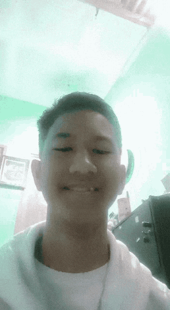 a young man in a white shirt is smiling for the camera