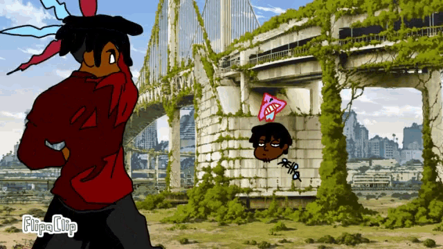 a cartoon of a man standing in front of a bridge with the word flipaclip on the bottom right