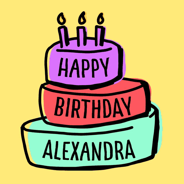 a birthday cake with three candles and the name alexandra