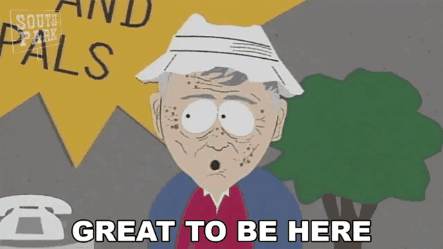 a cartoon character says great to be here