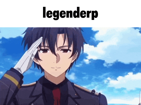 a man in a suit salutes in front of a blue sky with the words legenderp above him
