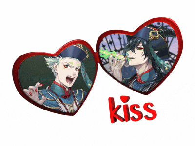a couple of hearts with the word kiss in the middle